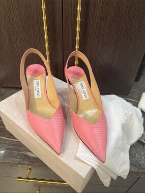 Jimmy Choo Candy Pink  Embossed Leather Slingback Pointed-Toe Heels NEW